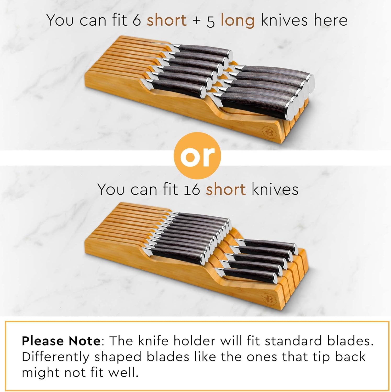 In-Drawer Knife Block - Bamboo Knife Drawer Organizer for Kitchen - Fits 5 Long + 6 Short Knives
