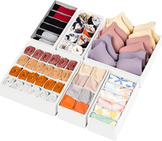 6 Pack Sock Underwear Drawer Organizer Dividers, 58 Cell Foldable Fabric Dresser Closet Organizers