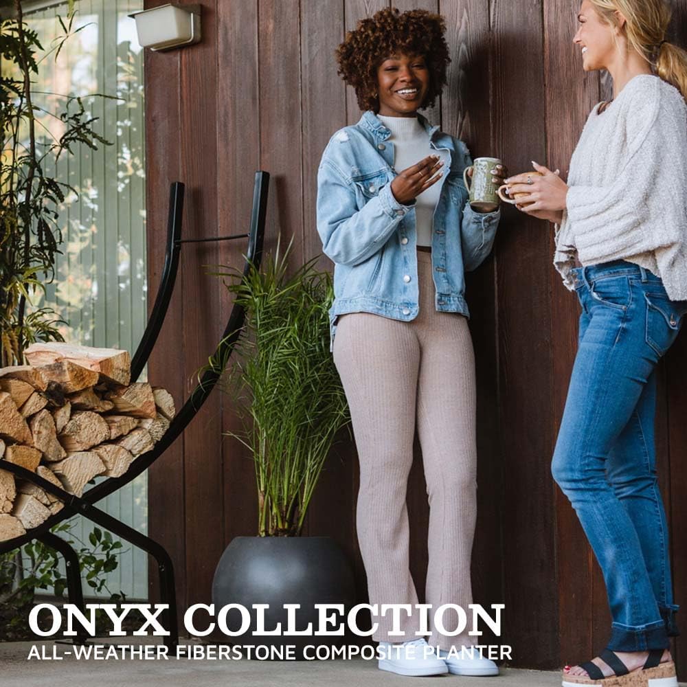 Ash & Ember Onyx 16" D Ceramic Indoor Outdoor Round Sphere Planter, Charcoal, Home Décor Evergreen