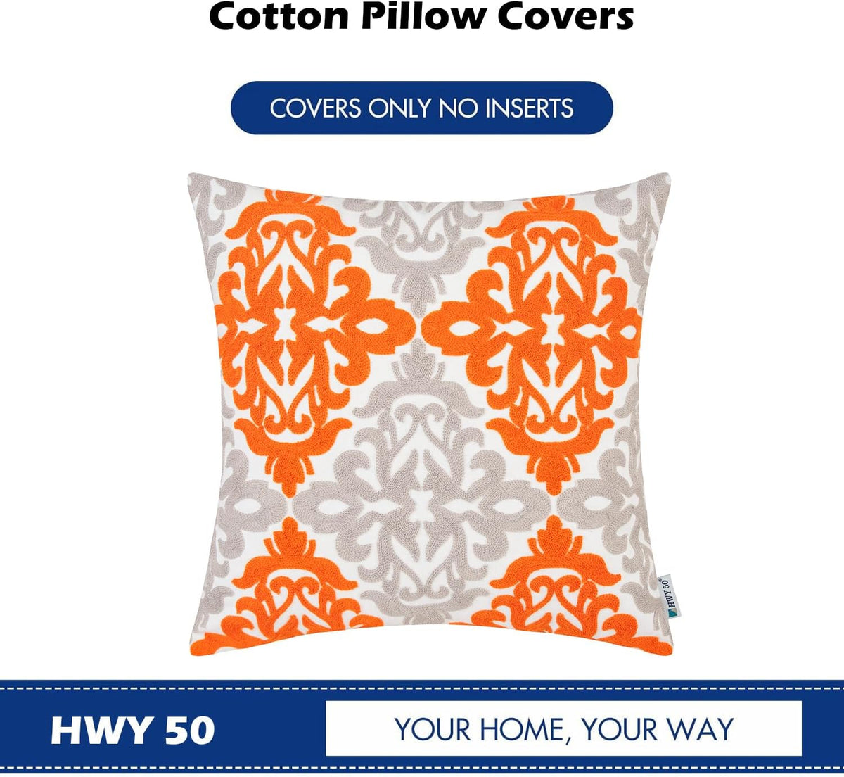 HWY 50 Orange Fall Decorative Throw Pillow Covers 18x18 Inch (1 Piece), Embroidered Cotton
