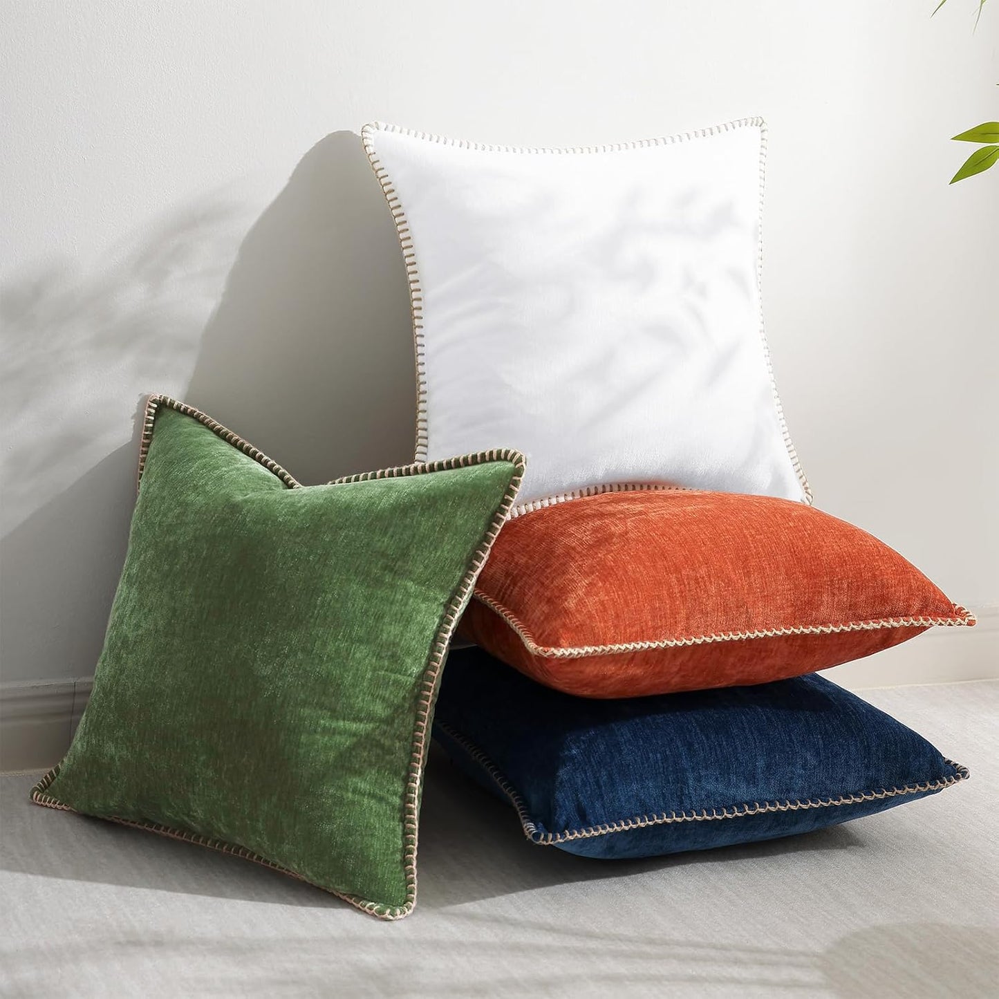 decorUhome Fall Chenille Soft Throw Pillow Covers 18x18 Set of 2, Farmhouse Velvet Neutral