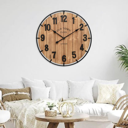 Large Old Town Farmhouse Wall Clock 24 Inch Rustic Antique Wood with Metal Circle and Large