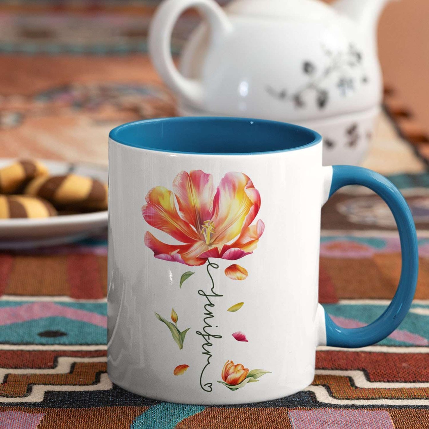 Personalized Flower Blossom Decorative Mug, Custom Name On Flower Coffee Cup, Novelty Floral Accent