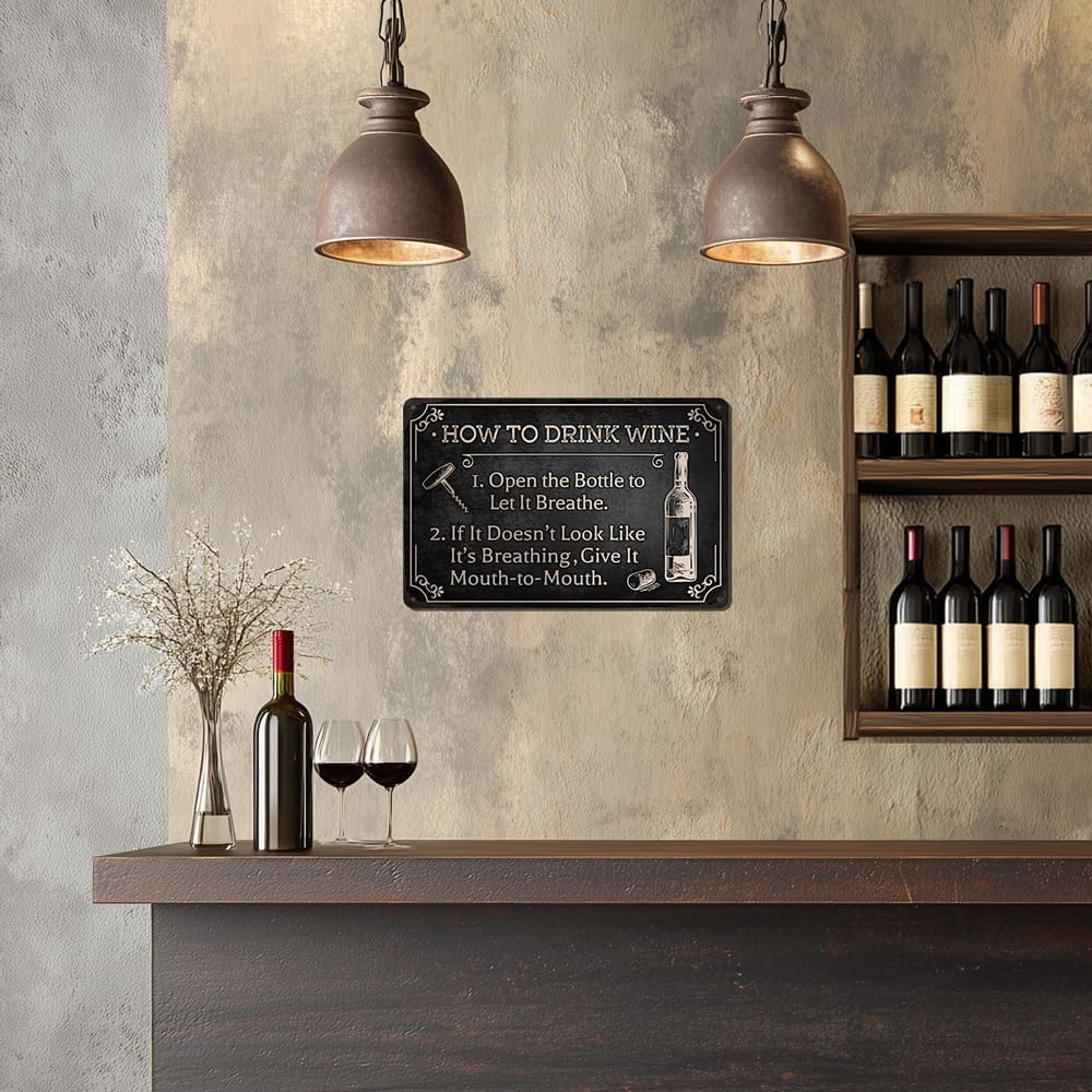 Heuhuww Funny Wine Bar Metal Sign-How To Drink Wine Wall Decor for Farmhouse Bar Station Wine