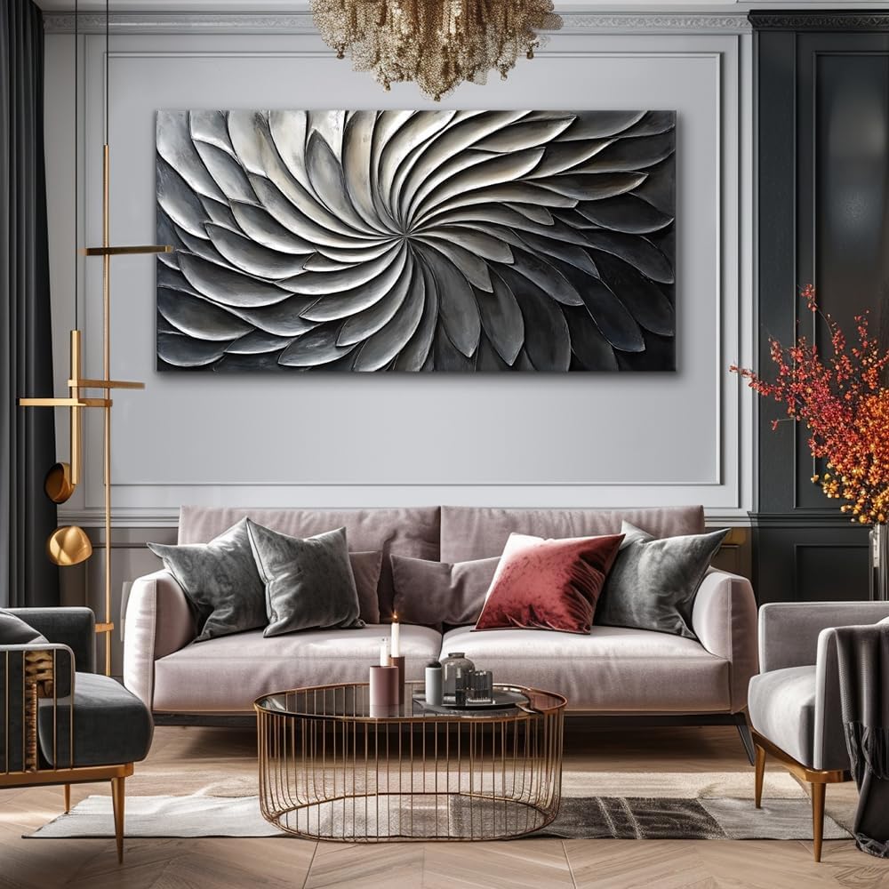 LASMOND Abstract Black and White Wall Art for Living Room Modern Canvas Print Painting Lines Flower
