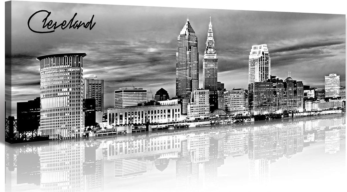 Cleveland Skyline Decor Wall Art Canvas Prints Black and White Night View USA Cityscape Panoramic