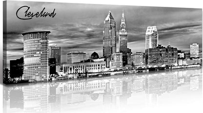 Cleveland Skyline Decor Wall Art Canvas Prints Black and White Night View USA Cityscape Panoramic