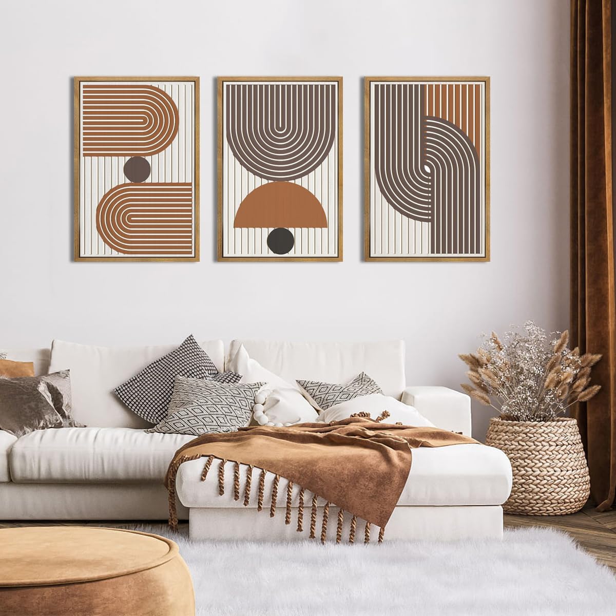 Mid Century Boho Modern Wall Art Set Abstract Geometric Wooden Wall Decor Minimalist Line Neutral