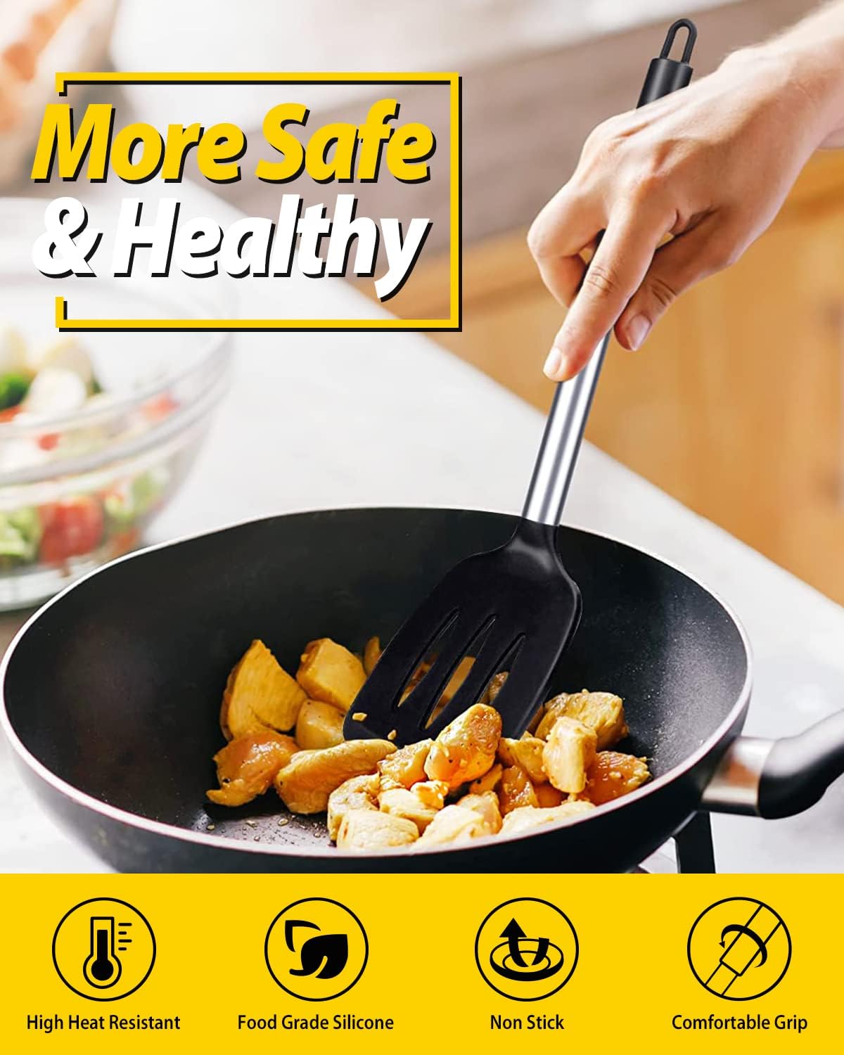 Pack of 2 Silicone Solid Turner, Non Stick Slotted Kitchen Spatulas, High Heat Resistant BPA Free