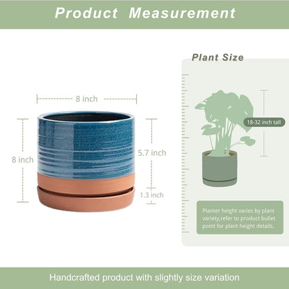 8 Inch Pots for Plants, Ceramic Planter Pot with Drainage Hole & Saucer, Indoor/Outdoor Cylinder