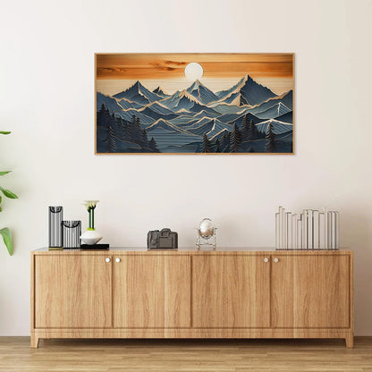 Tinonedraw Metal Mountain Framed Canvas Wall Art, Boho Mountains Forest Artworks, Mid Century