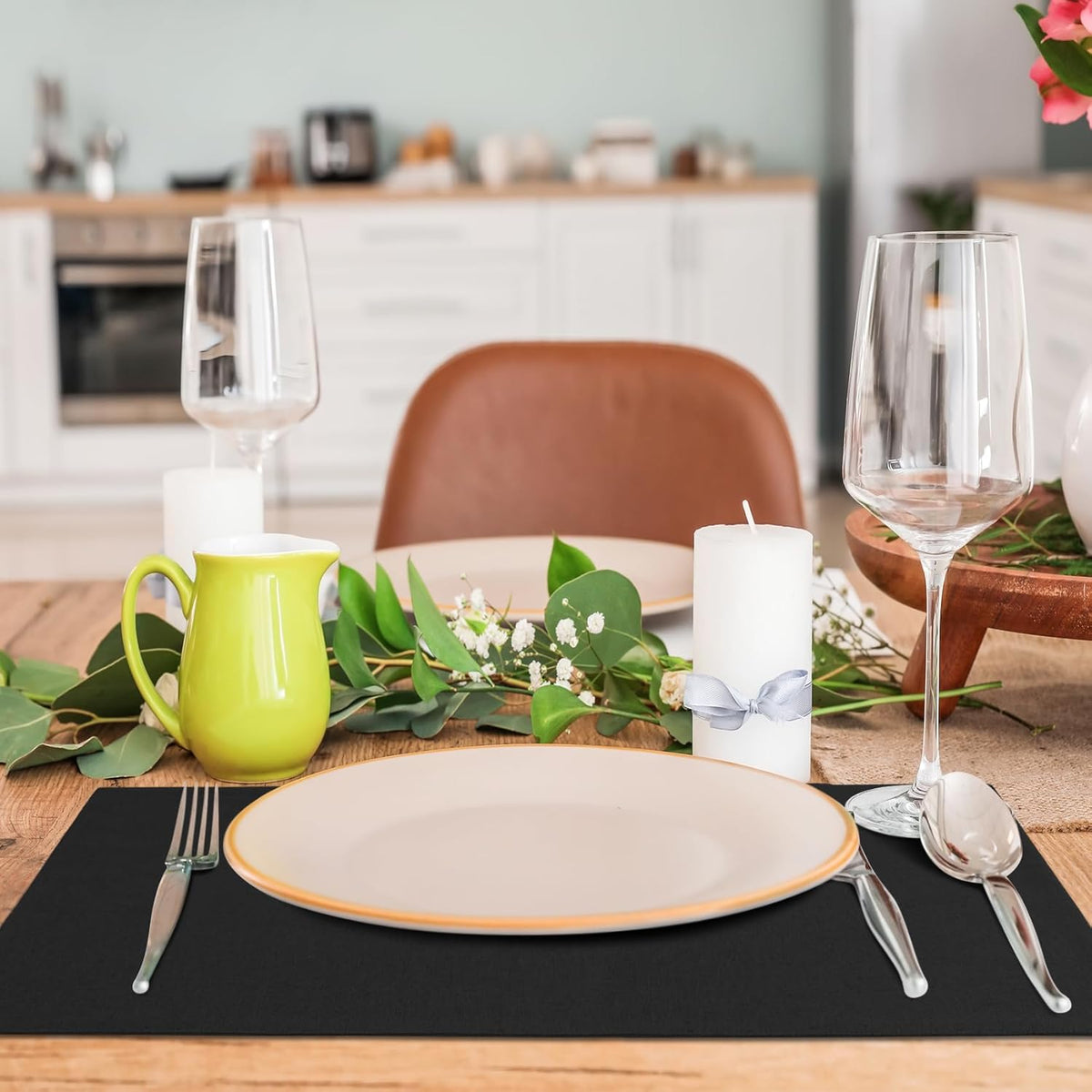 MANSPHIL Black Cloth Placemats Set of 6, Double Layer Faux Linen Place Mats Heat Resistant Washable