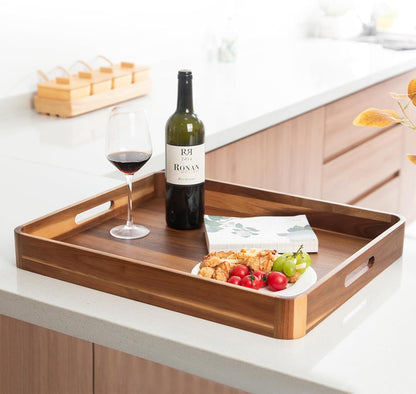Wooden Serving Tray with Handles,Rustic Ottoman Tray for Kitchen Counter/Coffee Table/Living Room
