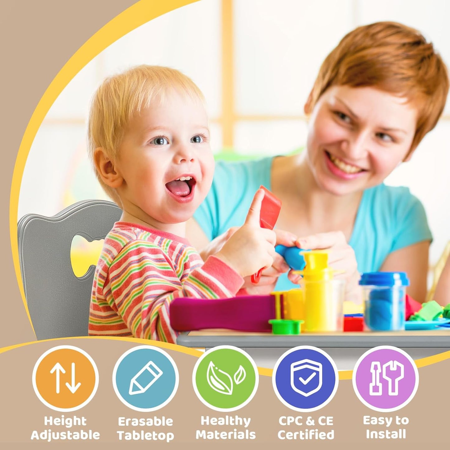 FUNLIO Kids Table and 4 Chairs Set for Ages 3-8, Height Adjustable Toddler Table and Chair Set