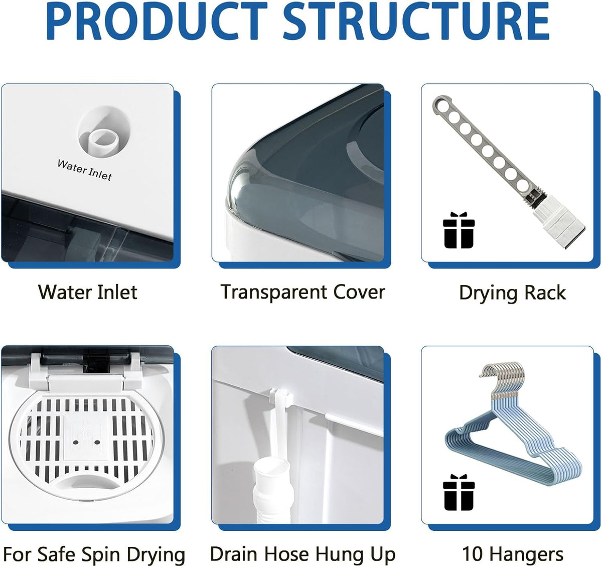 Portable Mini Twin Tub 32lbs Washing Machine With Drying Rack& 10 Hangers, 20lbs Washer & 12lbs