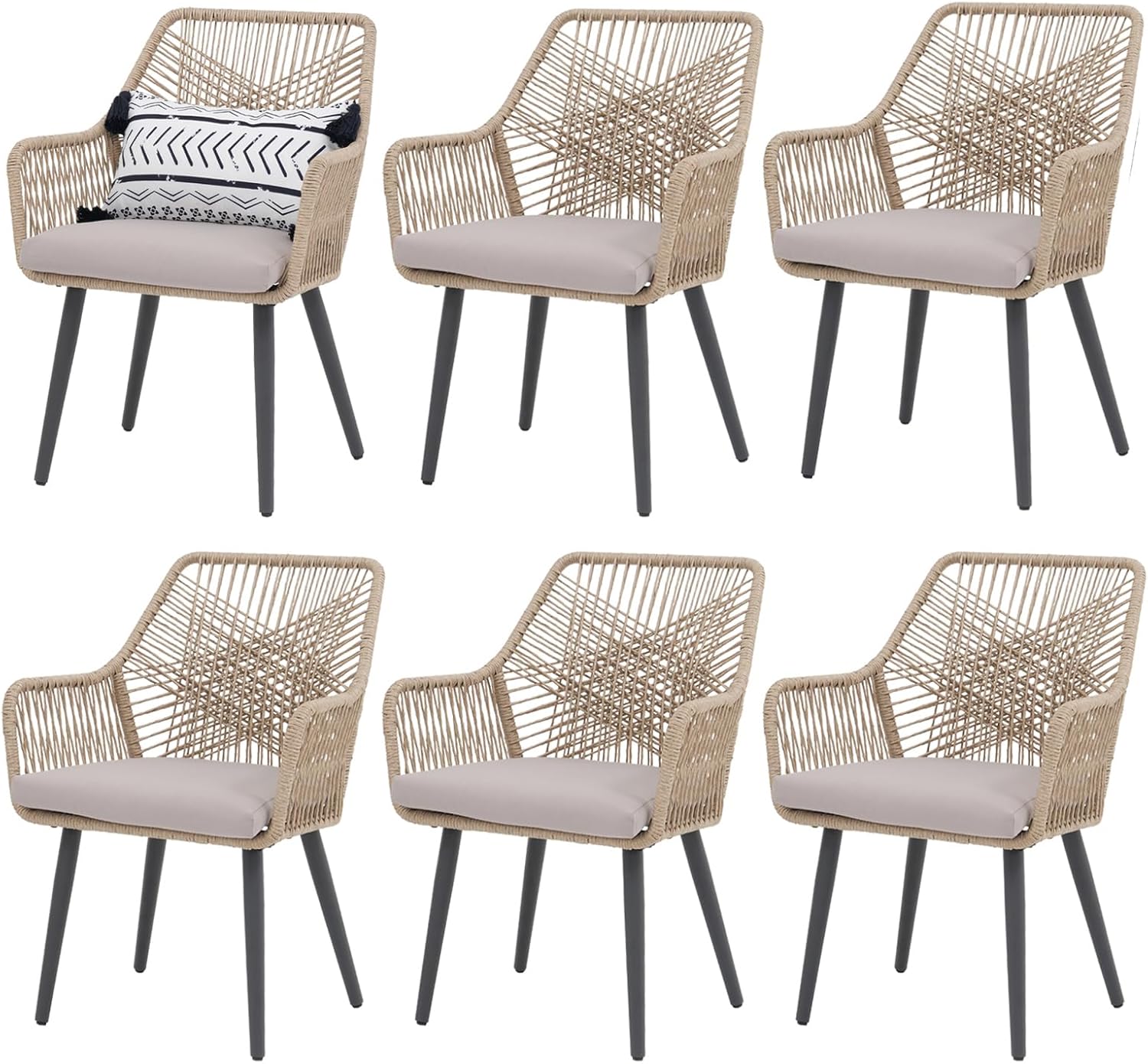 Patiorama Patio Dining Chair Set of 6, Woven Rope Outdoor Dining Chair w/Steel Frame, All-Weather
