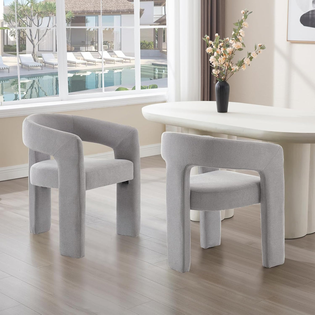 Grey Chenille Dining Chairs Set of 2, Modern Barrel Dining Room Chairs Upholstered Faux Fur Accent