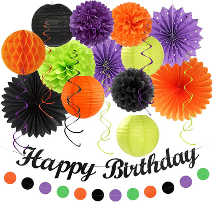 Black-Green Orange-Purple Halloween Birthday Party-Decorations - 21pcs Happy Banner,Paper Lanterns