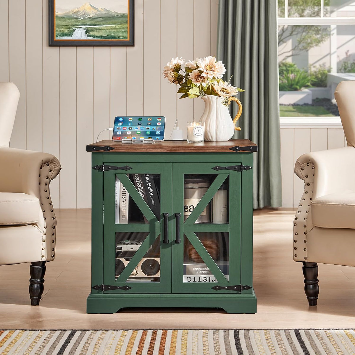 24" End Table with Charging Station, Farmhouse Night Stand with Glass Barn Door, Green Nightstands