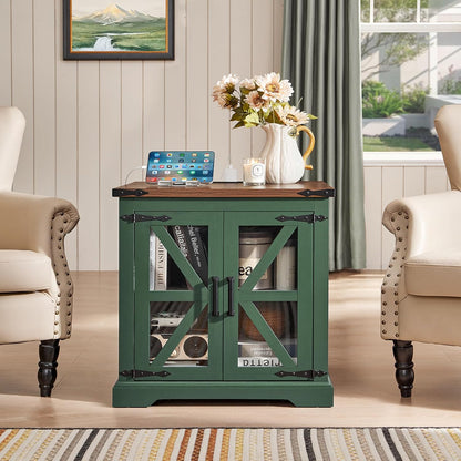 24" End Table with Charging Station, Farmhouse Night Stand with Glass Barn Door, Green Nightstands