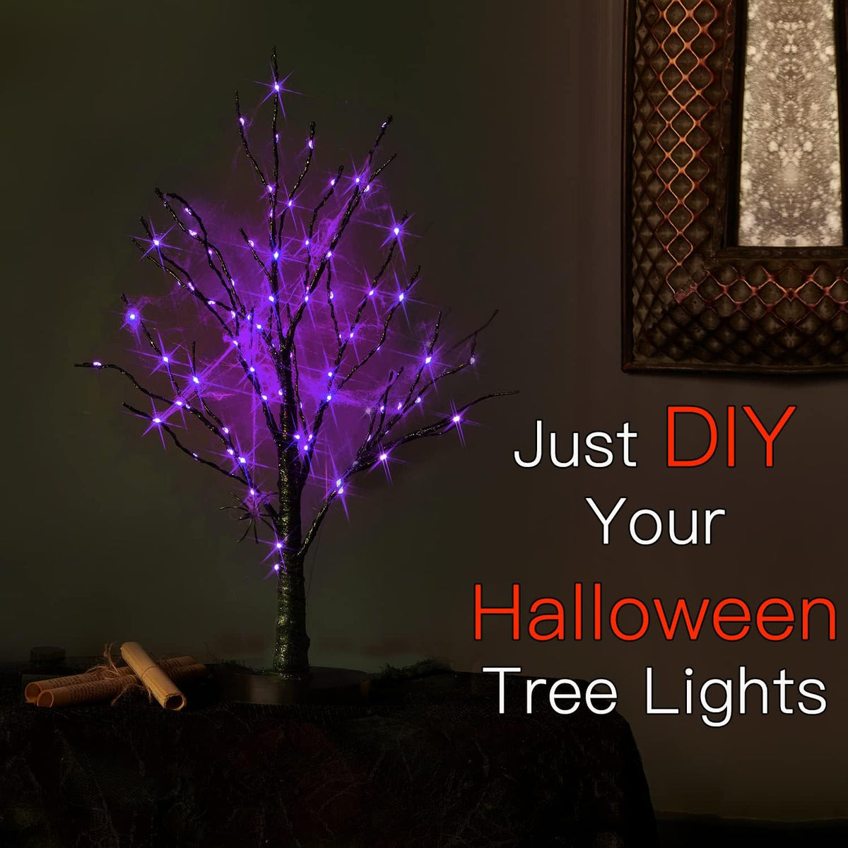 Fudios Lighted Halloween Tree with Timer 80 LED Purple Lights USB Plug or Battery Operated,18in