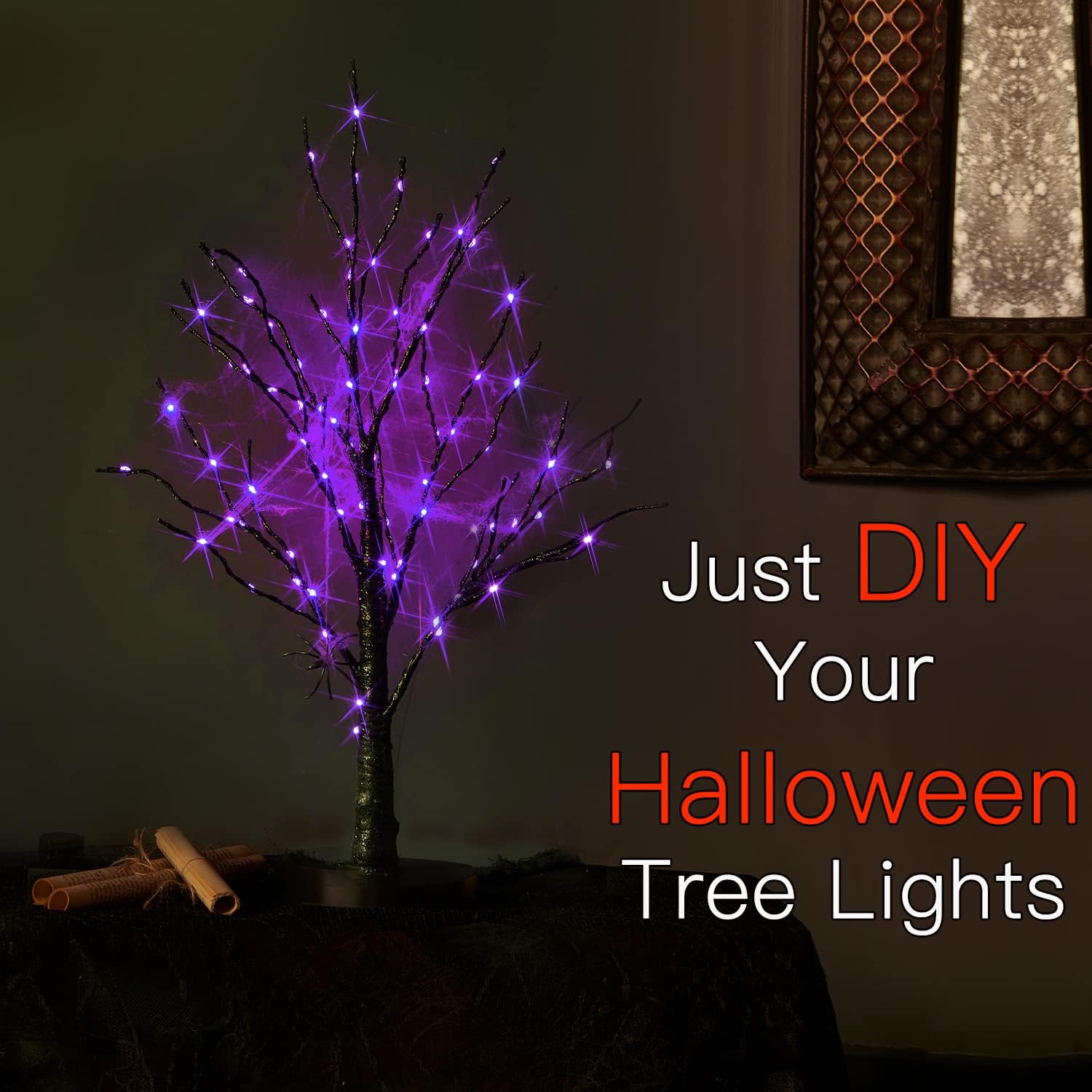 Fudios Lighted Halloween Tree with Timer 80 LED Purple Lights USB Plug or Battery Operated,18in