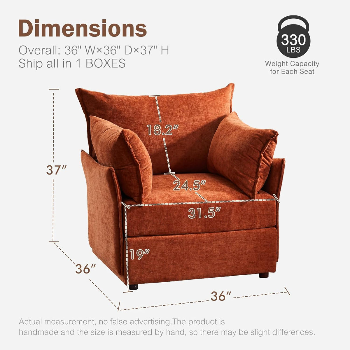 Terracotta Oversized Accent Chair, Upholstered Modern Sofa Chair with Removable Backrest &