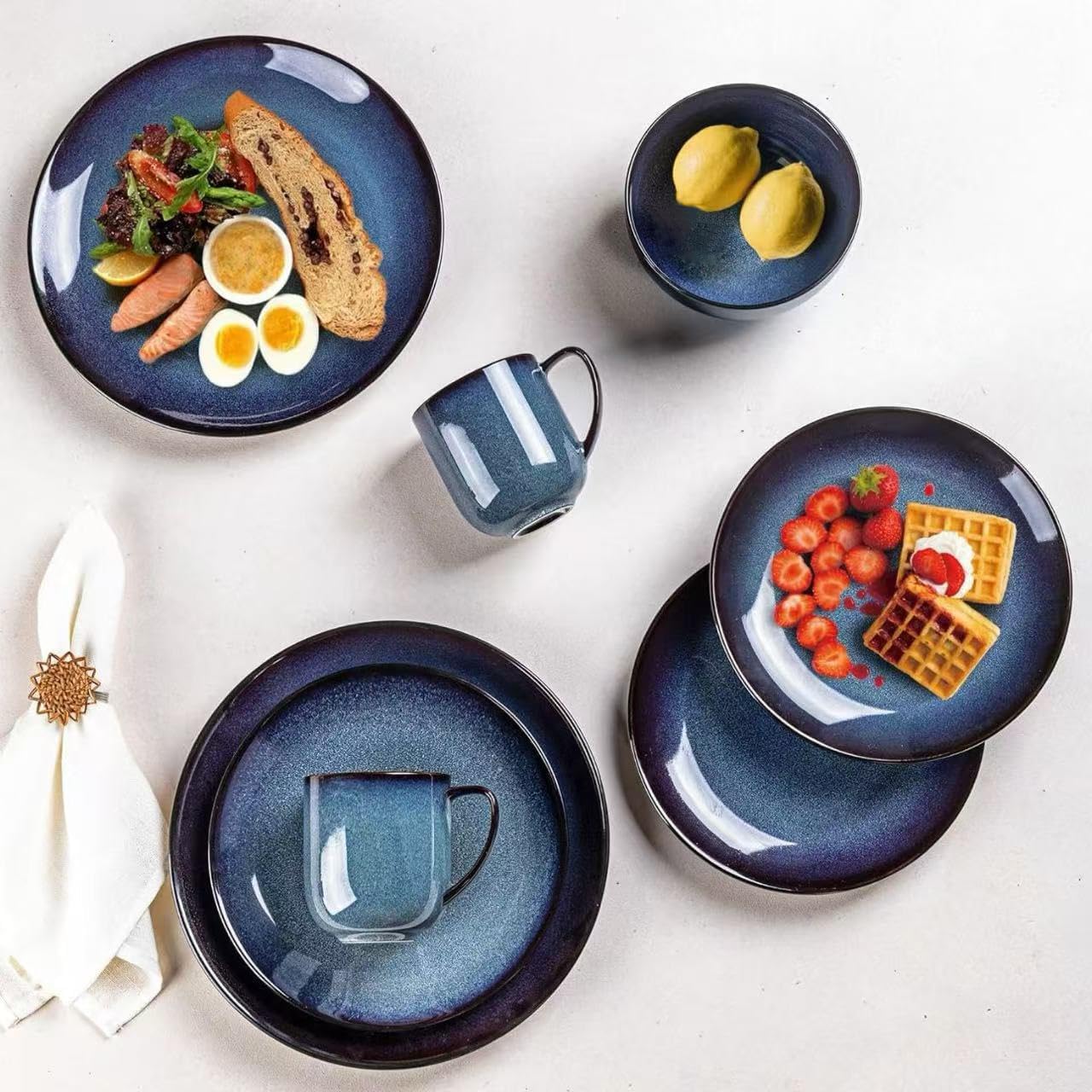 LERATIO Ceramic Dinnerware Sets for 4,16-Piece Reactive Glaze Plates and Bowls Set with Mugs,Highly