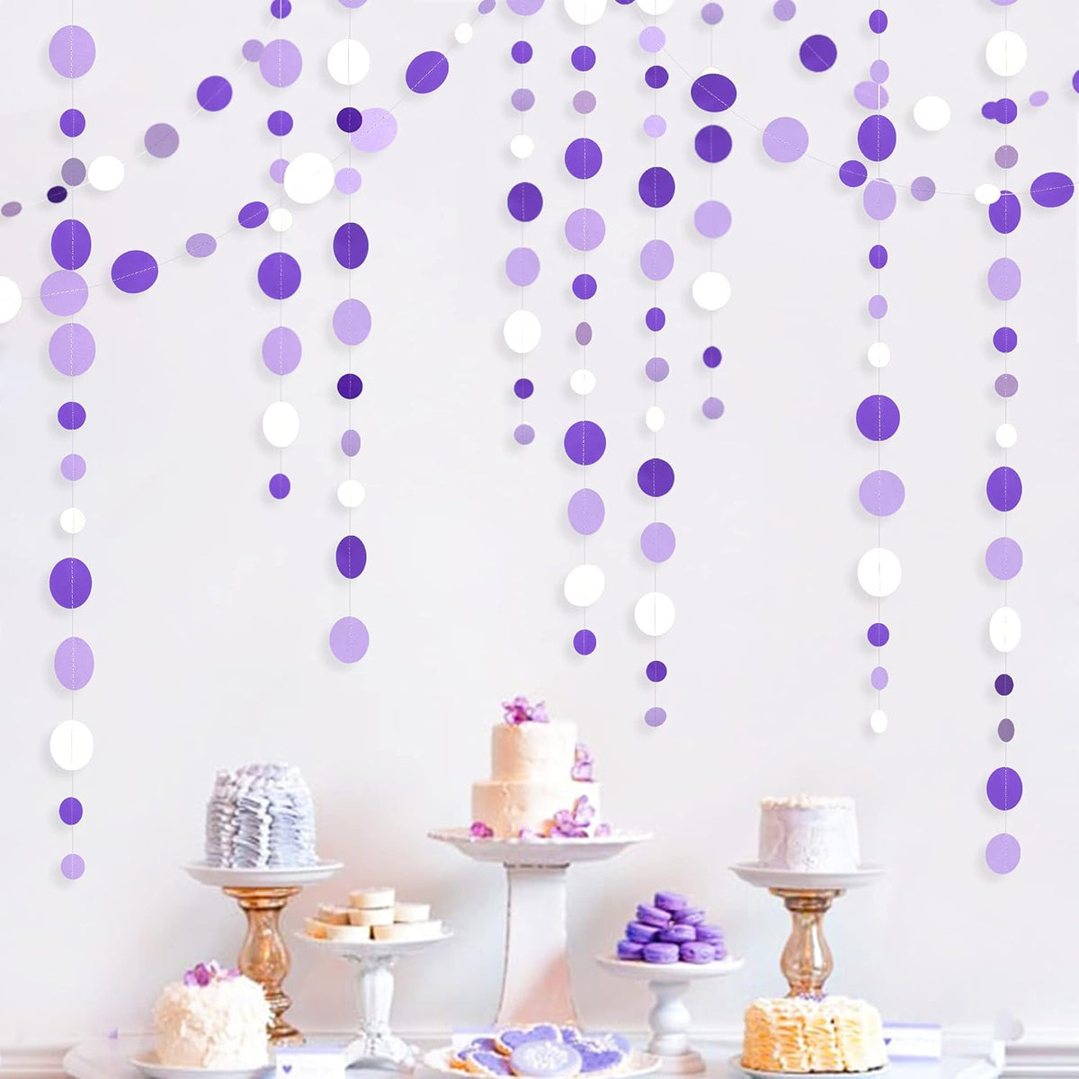 46 Ft Purple and White Circle Dots Garland Lavender Hanging Paper Polka Dot Streamer for Birthday
