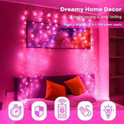 HXWEIYE 300LED Pink Fairy Curtain Hanging Lights with Remote 8 Modes Timer for Bedroom, 9.8x9.8Ft