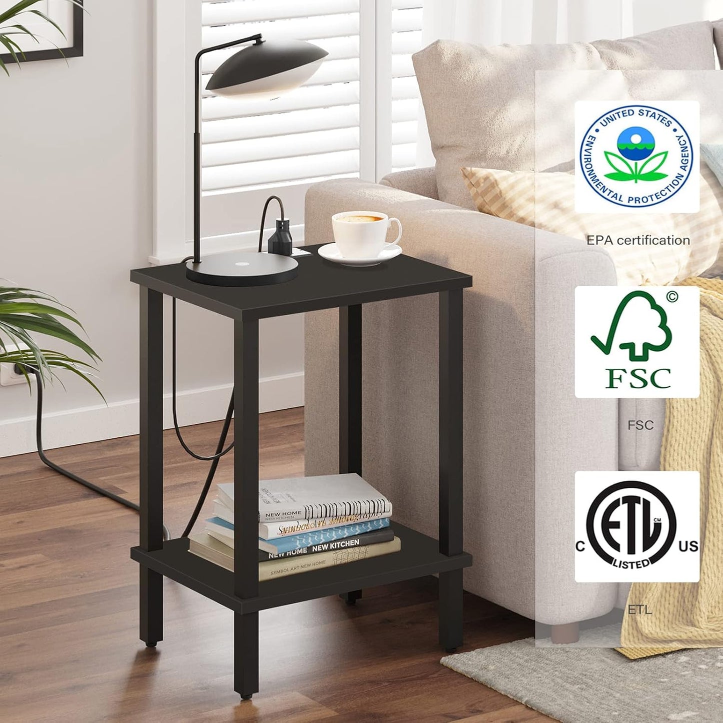 TUTOTAK End Table with Charging Station, Set of 2, Side Table with USB Ports and Outlets