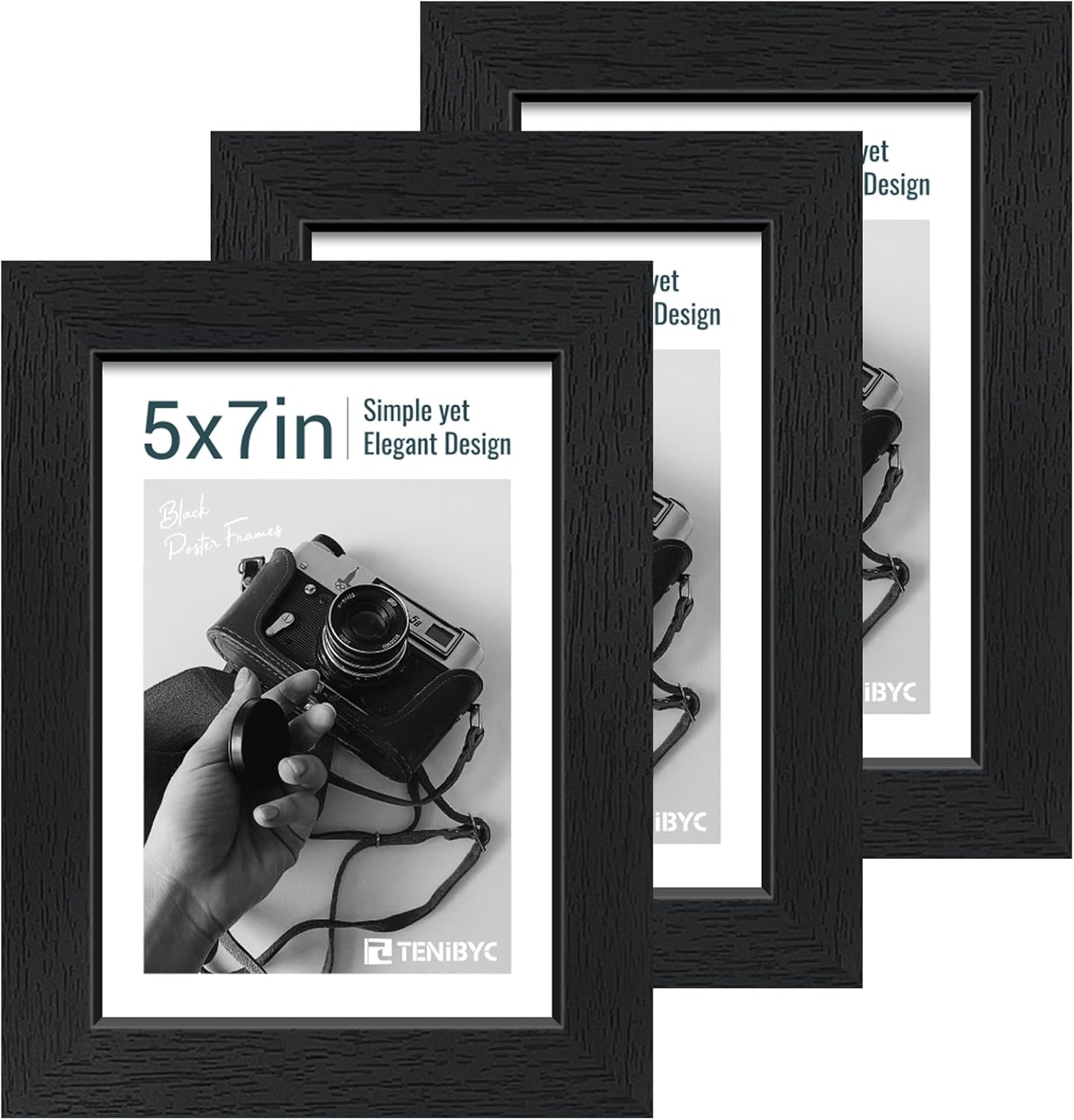 5x7 Picture Frame 3 Pack - Black Woodgrain, Solid Wood & HD Tempered Glass, Table Display or Wall