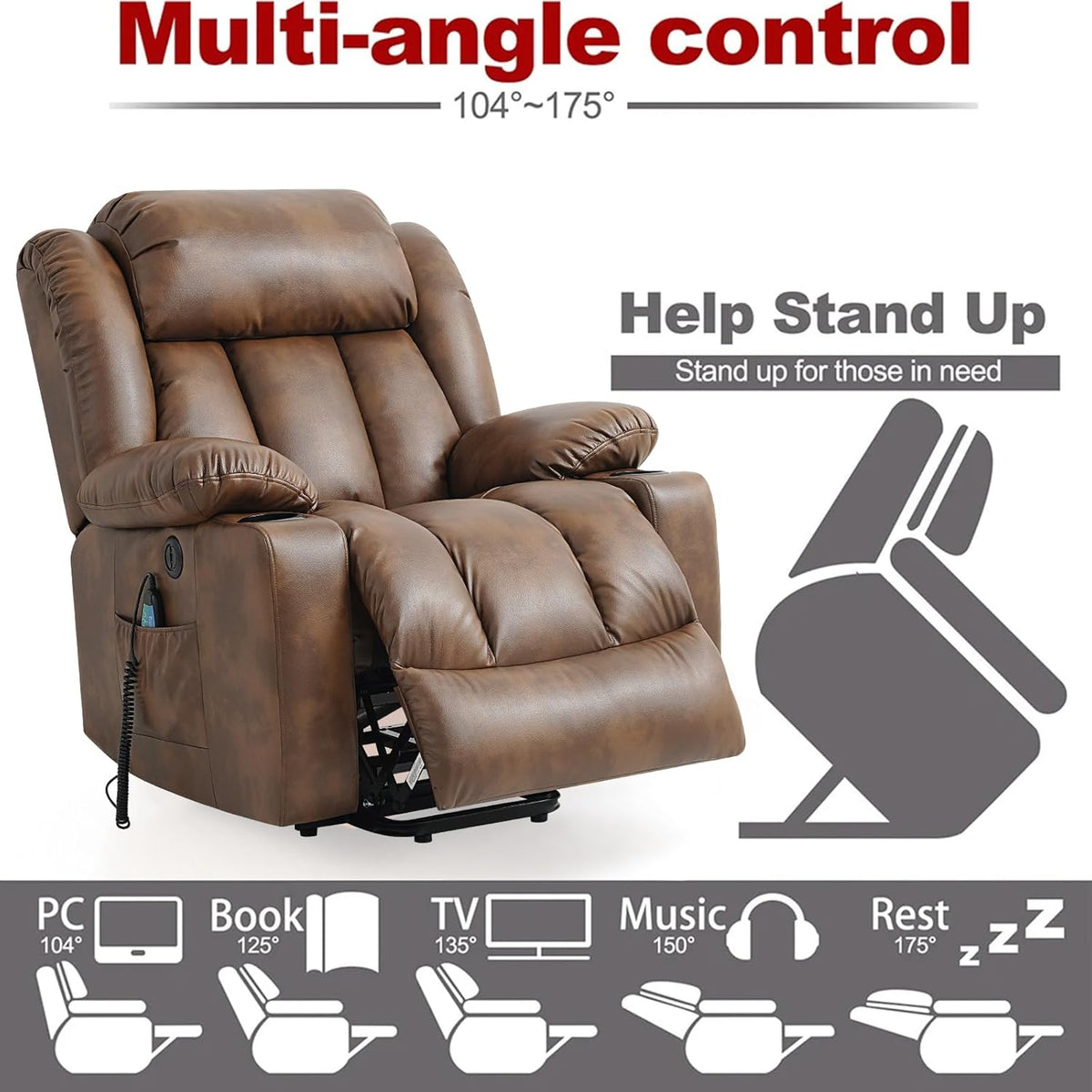 Power Lift Recliner Chair for Elderly Breathable Leather Recliner Chair with Massage and Heat for