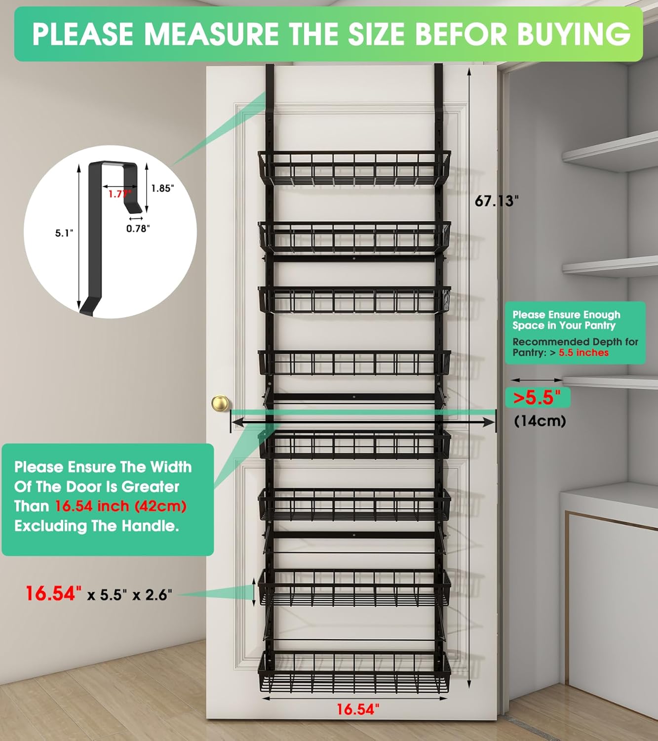 Over The Door Pantry Organizer, Wall Mount Spice Rack, Pantry Hanging Storage and Organization, 8