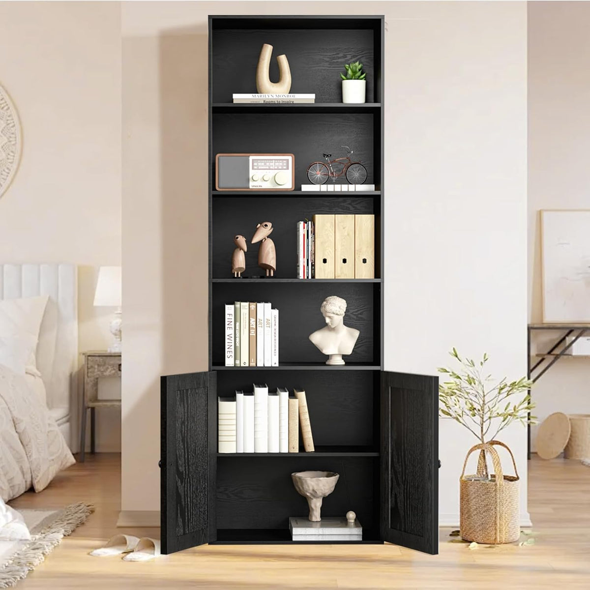 Tall Wooden Bookshelf with Cabinet and Doors – 70.86” Freestanding Tall Bookcase for Heavy Books