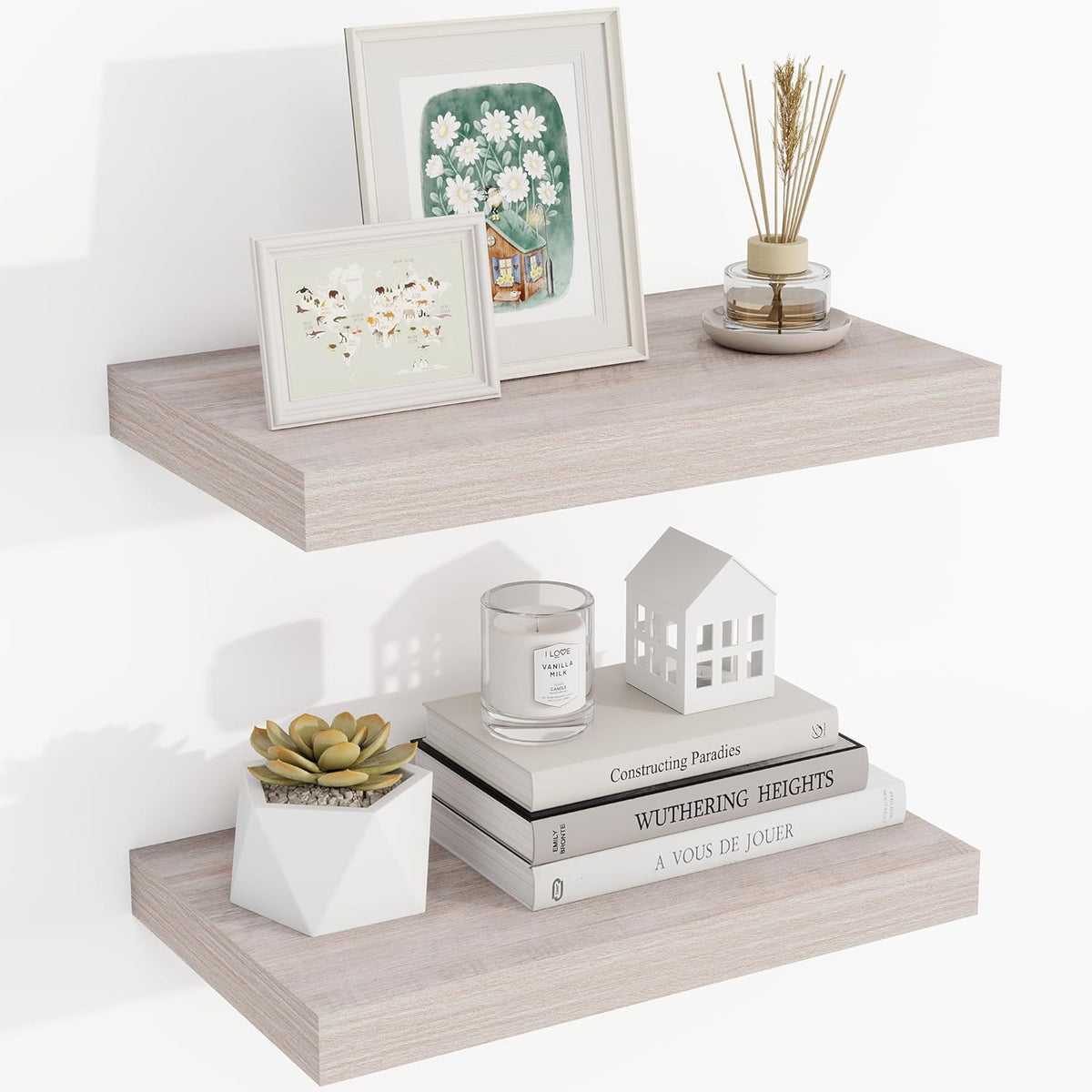 16 Inch Floating Shelves, 3D Textured Wood Grain, 16"x9.25"x1.5" Inch Deep Floating Shelves for