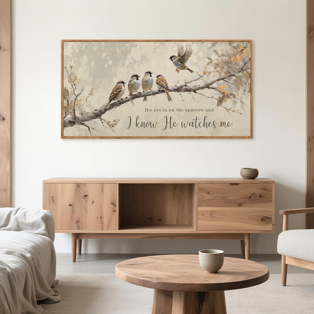 Aurlan His Eye is on the Sparrow Christian Wall Art Framed(40"x20"), Vintage Neutral Birds on Tree