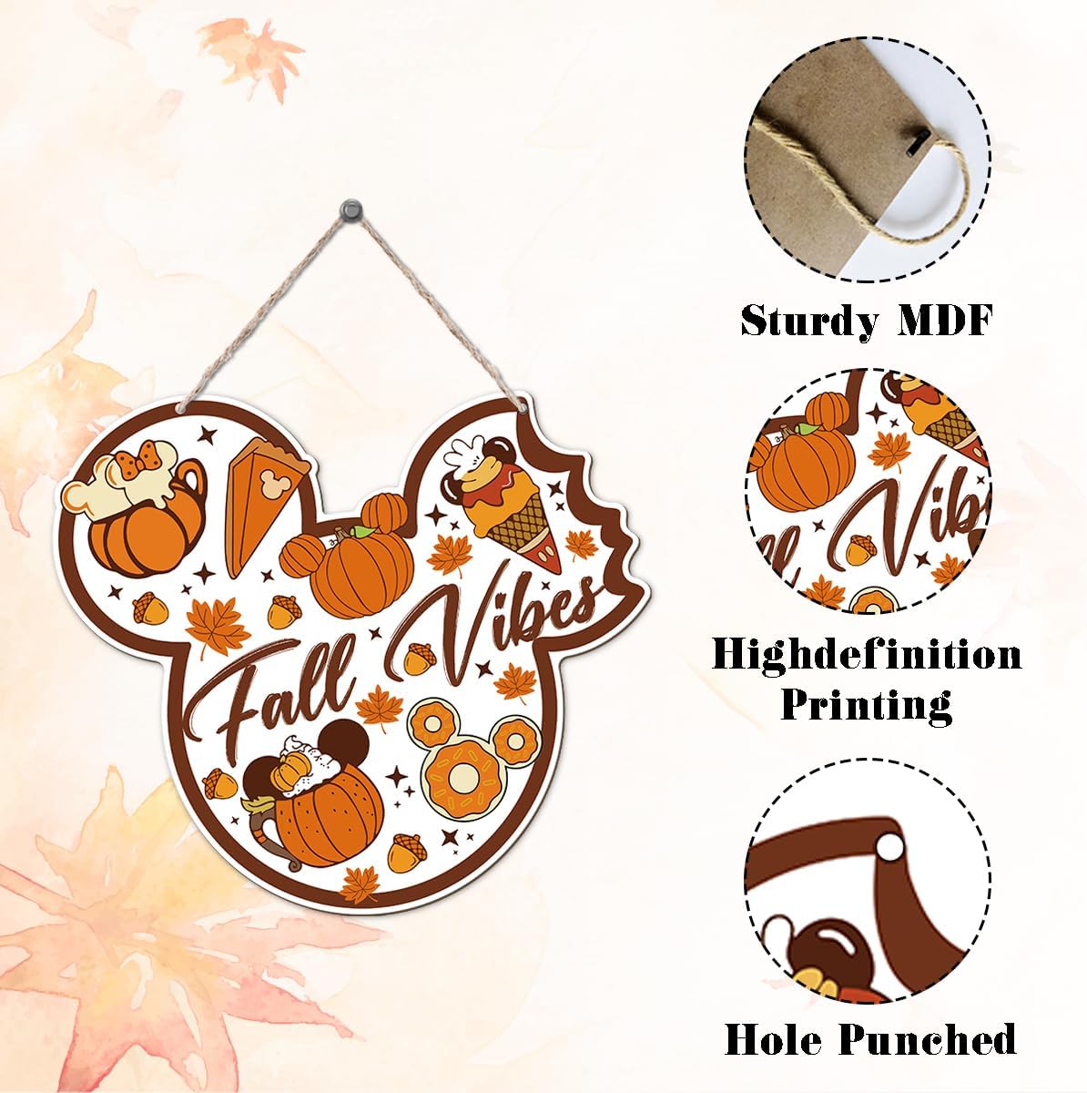 Fall Vibes Door Hanger, Fall Mouse Welcome Door Sign, Wooden Maple Leaves Mushroom Hanging Decor