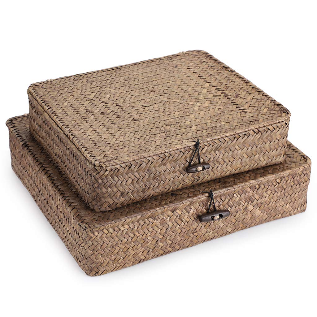 Hipiwe Set of 2 Flat Woven Wicker Storage Bins with Lid Seagrass Basket