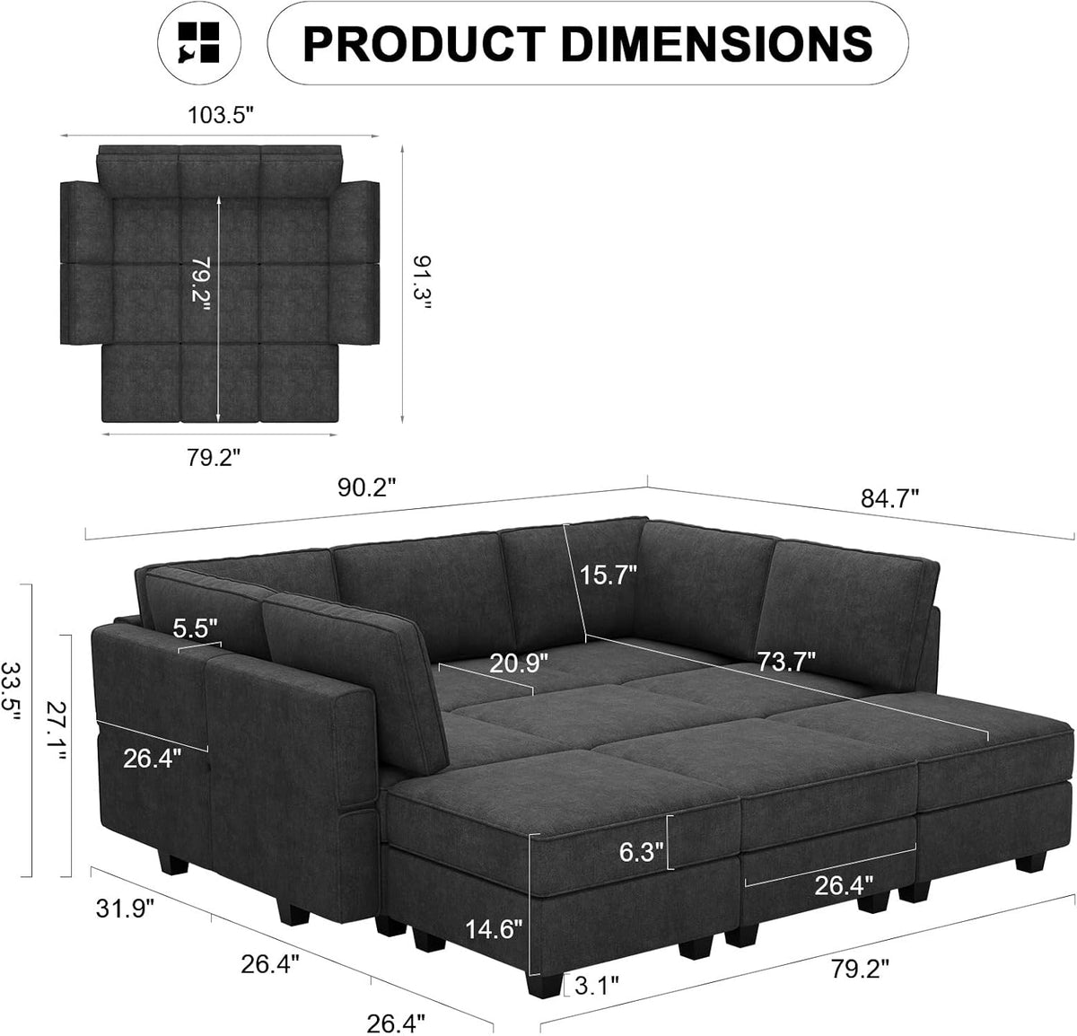 Belffin Modular Sectional Sleeper Sofa Couch with Storage Ottoman Convertible Sectional Couches for