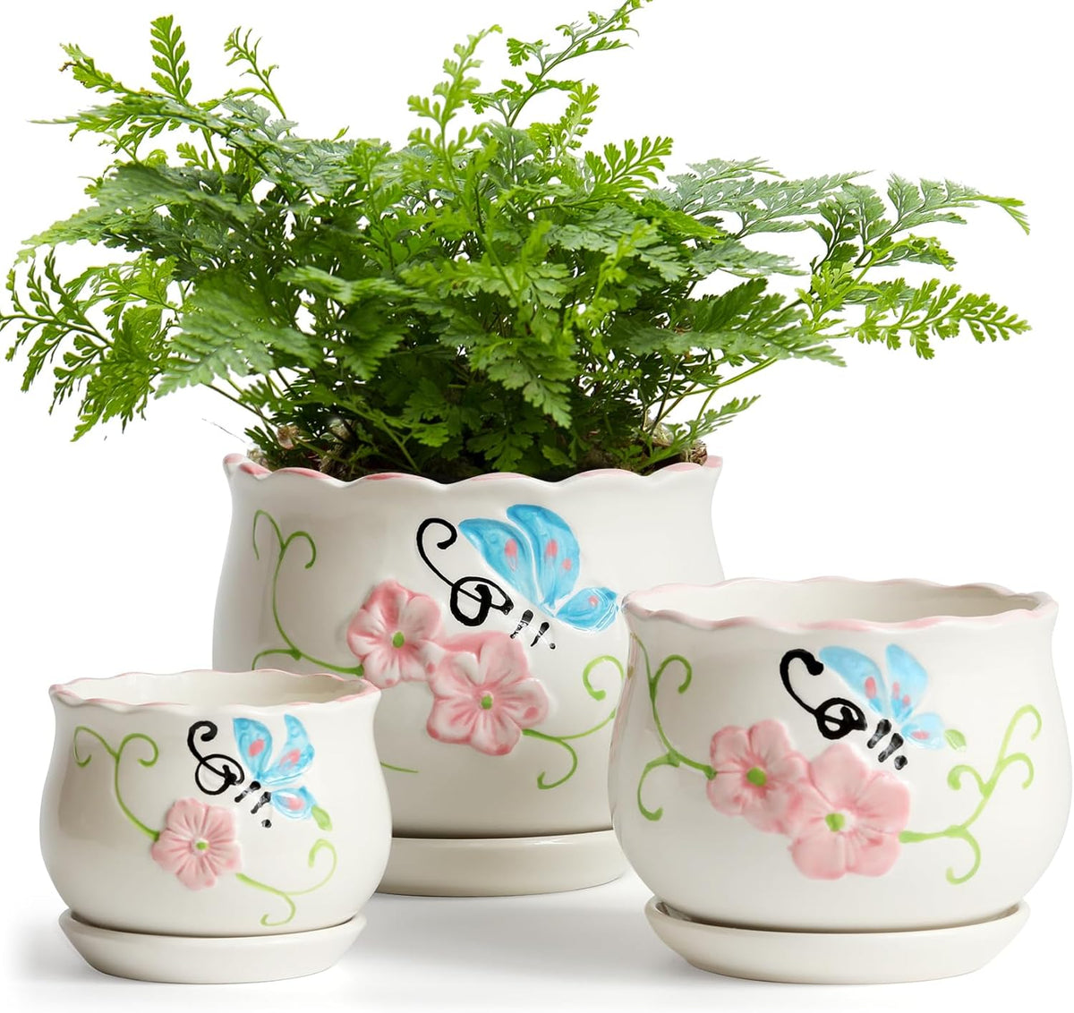 Ceramic Plant Pots with Drainage Holes and Saucers, Round Flower Pots for Indoor Plant, 3.9/5.2/6.7