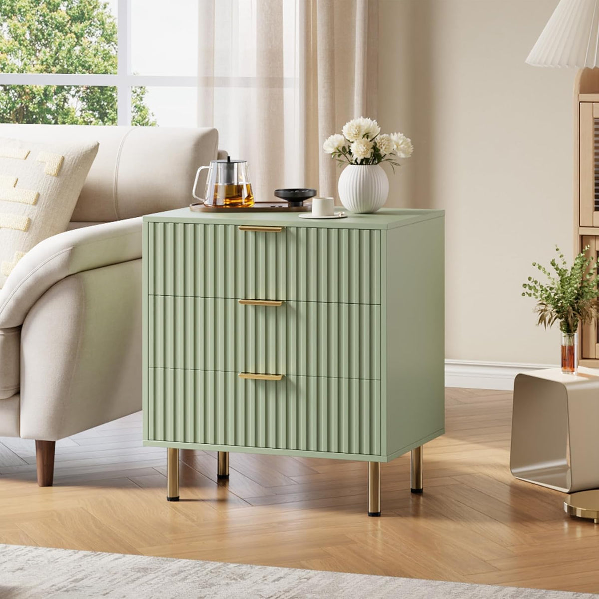 Green 3 Drawer Dresser for Bedroom, Fluted Modern Nightstand with Deep Drawers, Chest of Drawers