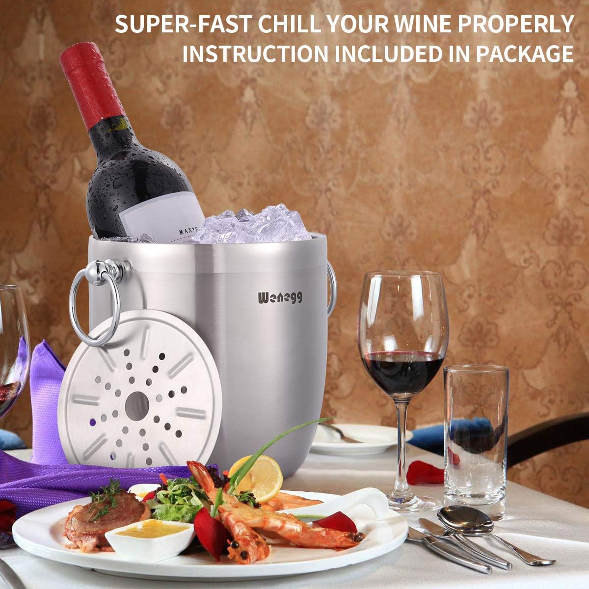 Ice Bucket with Lid, Scoop, Tongs and Strainer - Well Made Insulated Stainless Steel Keep Ice