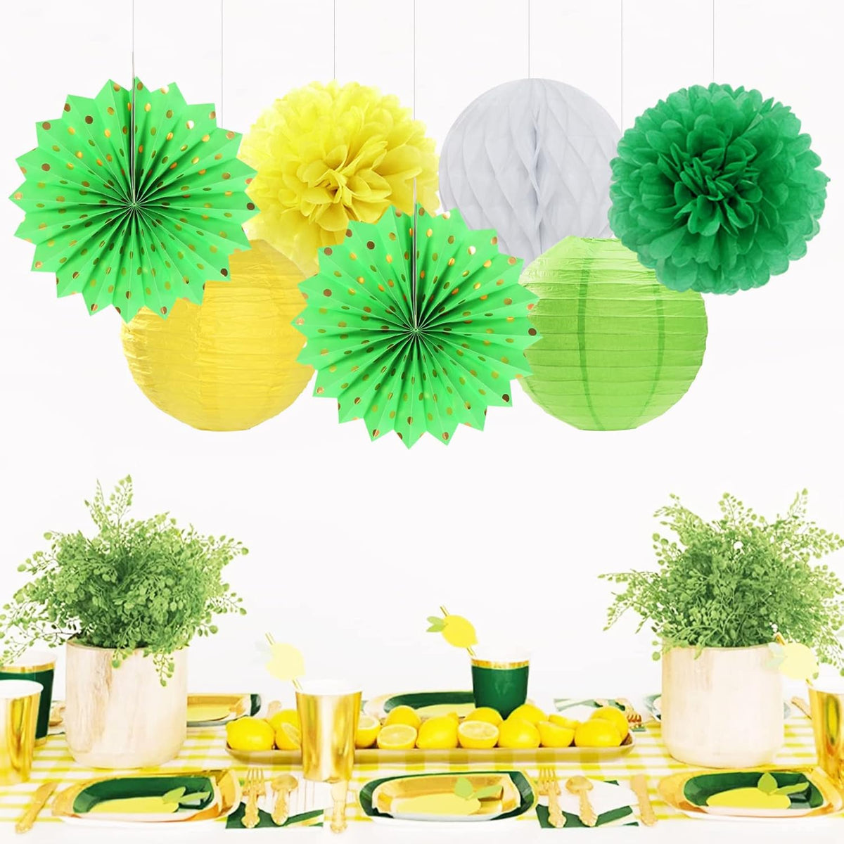 Yellow-White Green Party-Decorations Streamers-Lanterns - 14pcs Spring Summer Garden Tea Paper