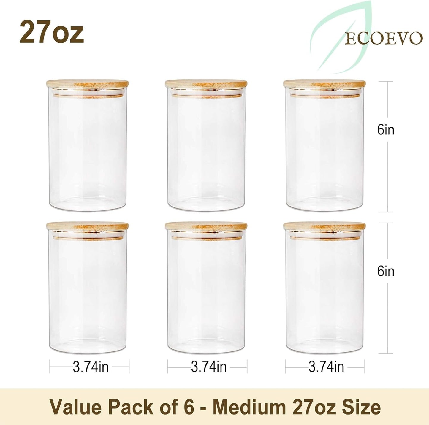 Glass Jars with Bamboo Lids (27oz in 6 Pack), Glass Food Jars and Canisters Sets, Food Storage