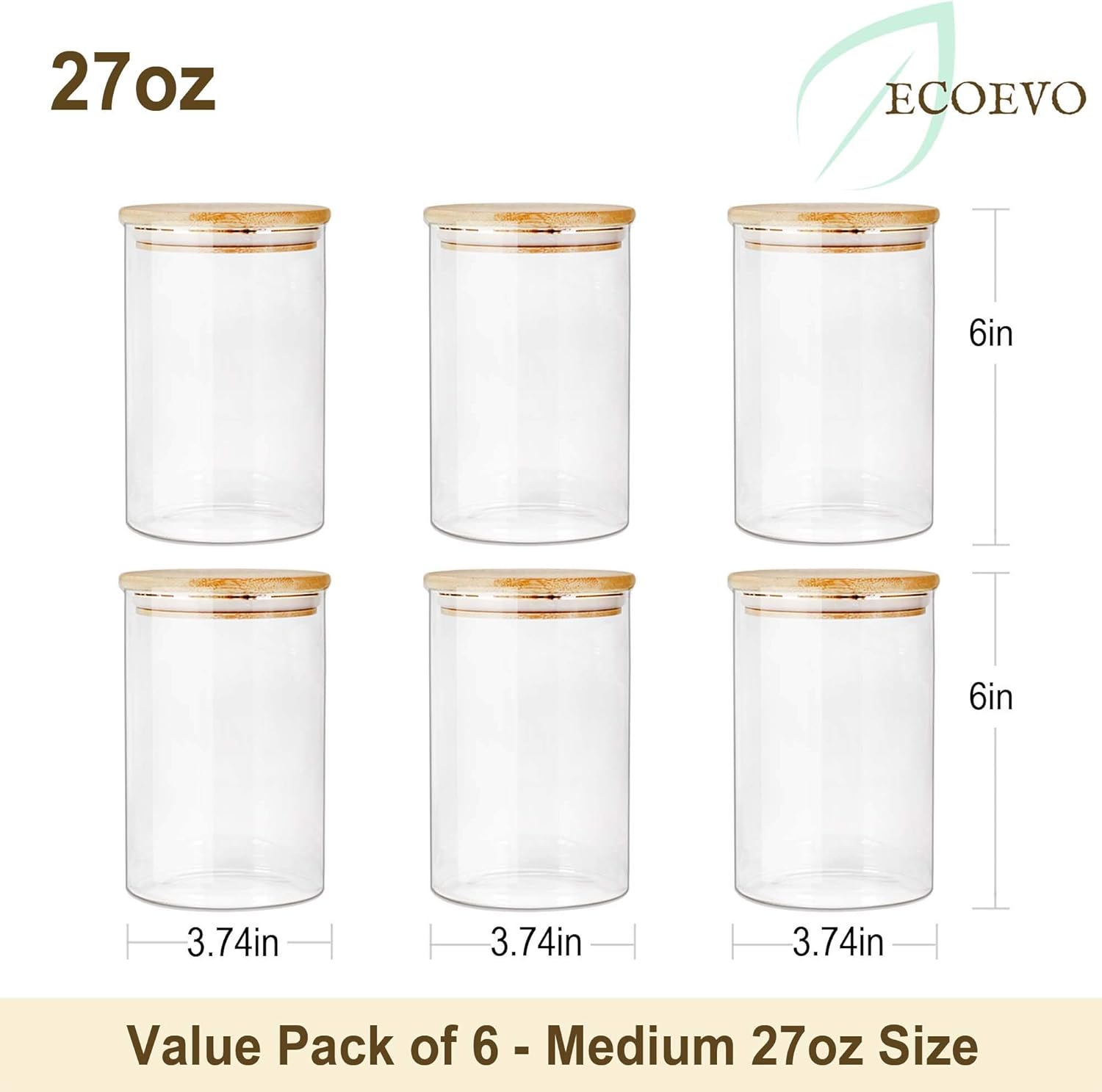 Glass Jars with Bamboo Lids (27oz in 6 Pack), Glass Food Jars and Canisters Sets, Food Storage