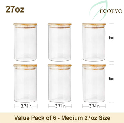 Glass Jars with Bamboo Lids (27oz in 6 Pack), Glass Food Jars and Canisters Sets, Food Storage