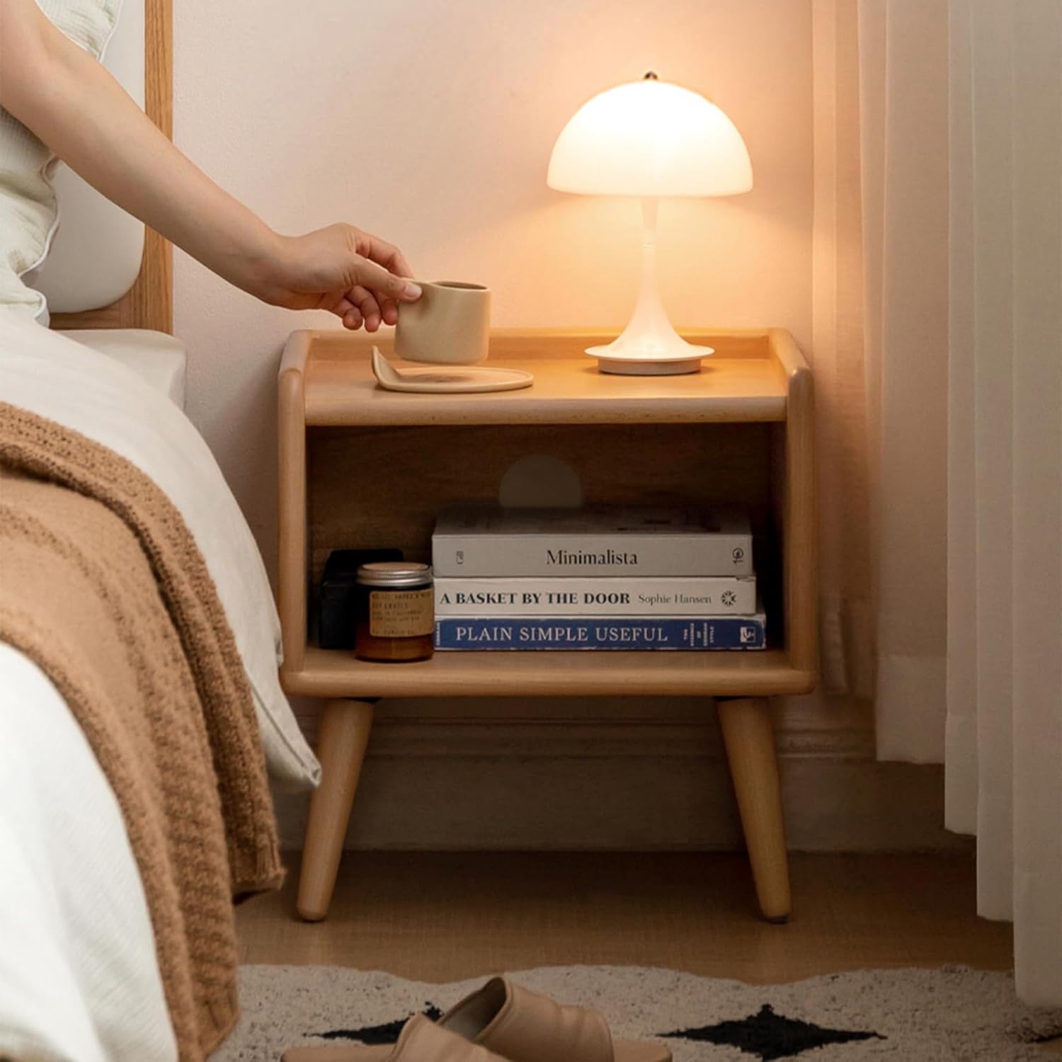 Small Nightstand, 100% Solid Oak Wood Bedside Table, Mid Century Modern Nightstand with Open