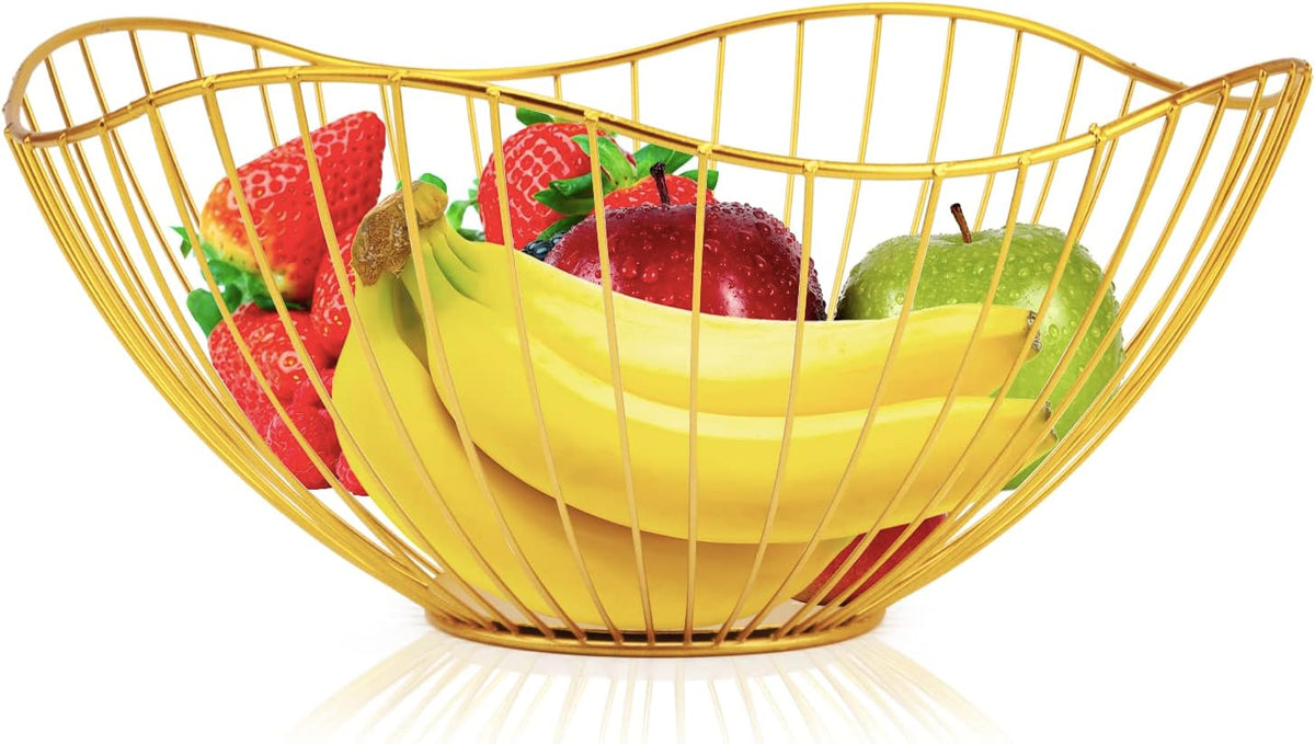 Metal Wire Fruit Basket, Gold Fruit Bowl for Kitchen Counter, Fruit Holder Stand Storage Baskets