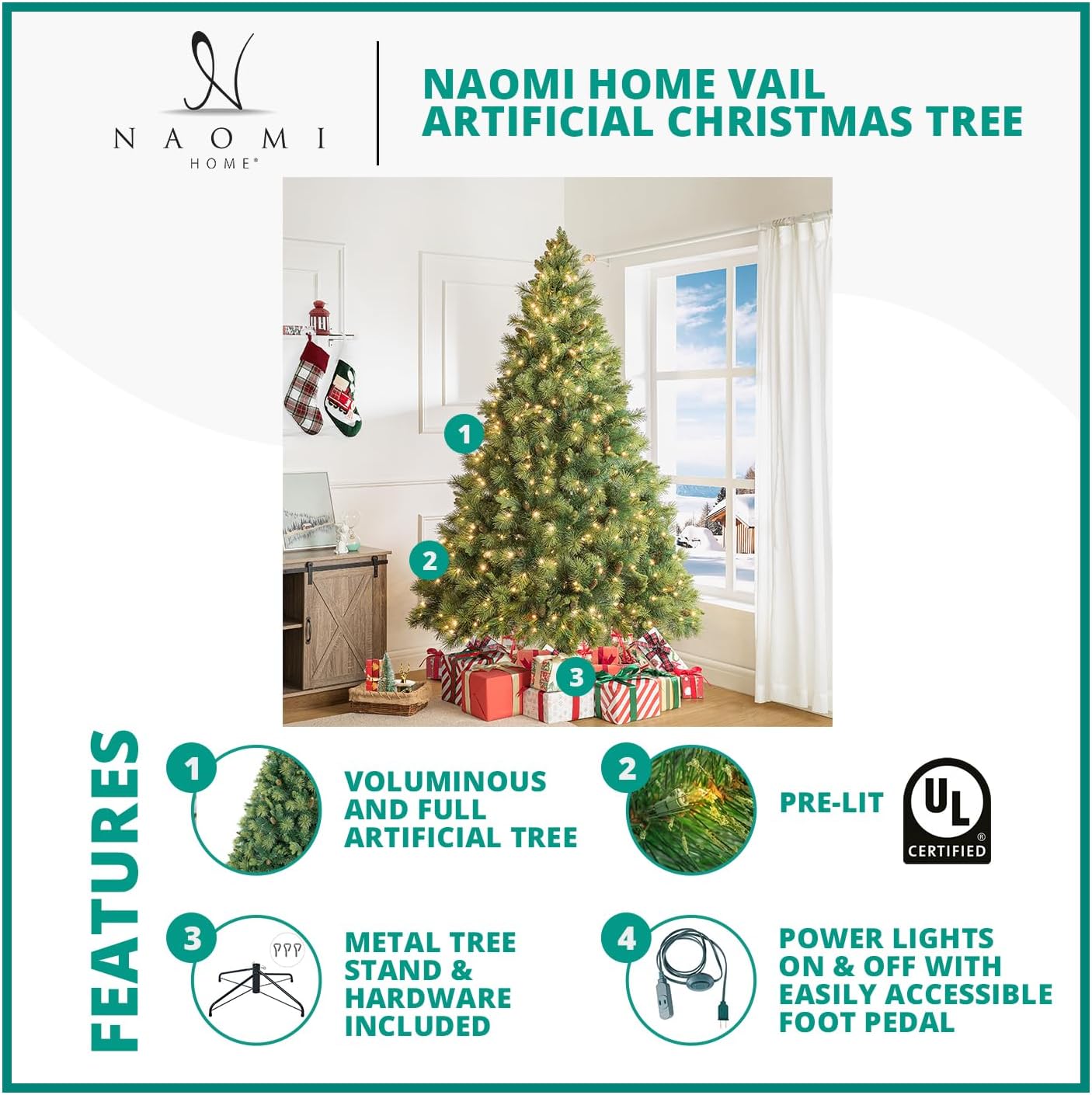 Naomi Home Vail 7.5ft Prelit Artificial Christmas Tree with Pine Cones, Foot Pedal, 1556 Branch